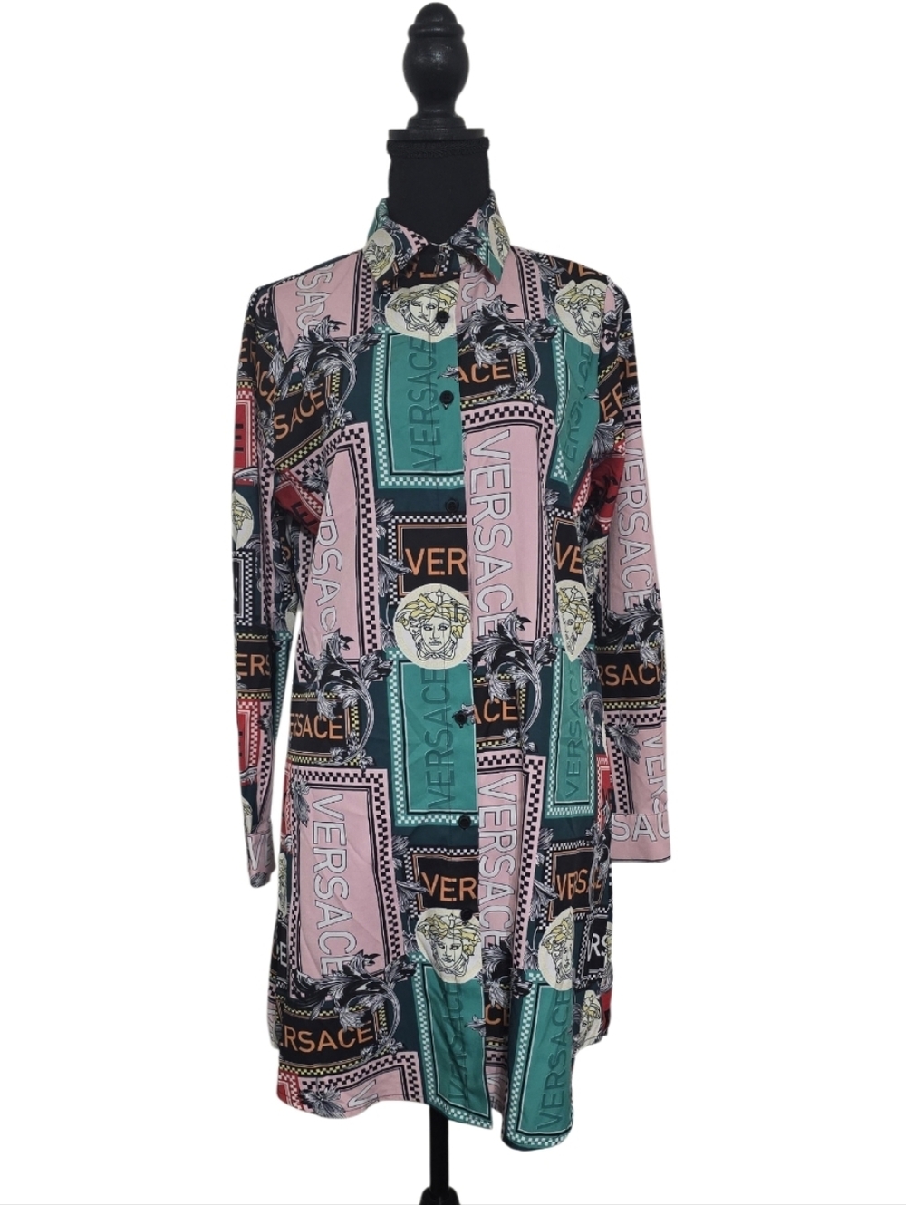 #6097 Women Pink, Teal & Black Logo Panel Long-Sleeve Shirt Dress - Picture 1 of 3